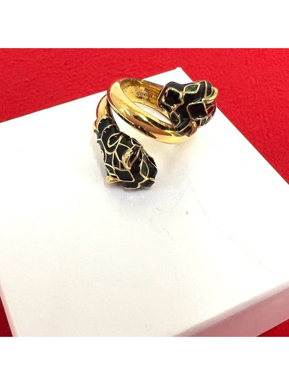 Gucci Double Tiger Head Ring Metal Black Enamel Gold